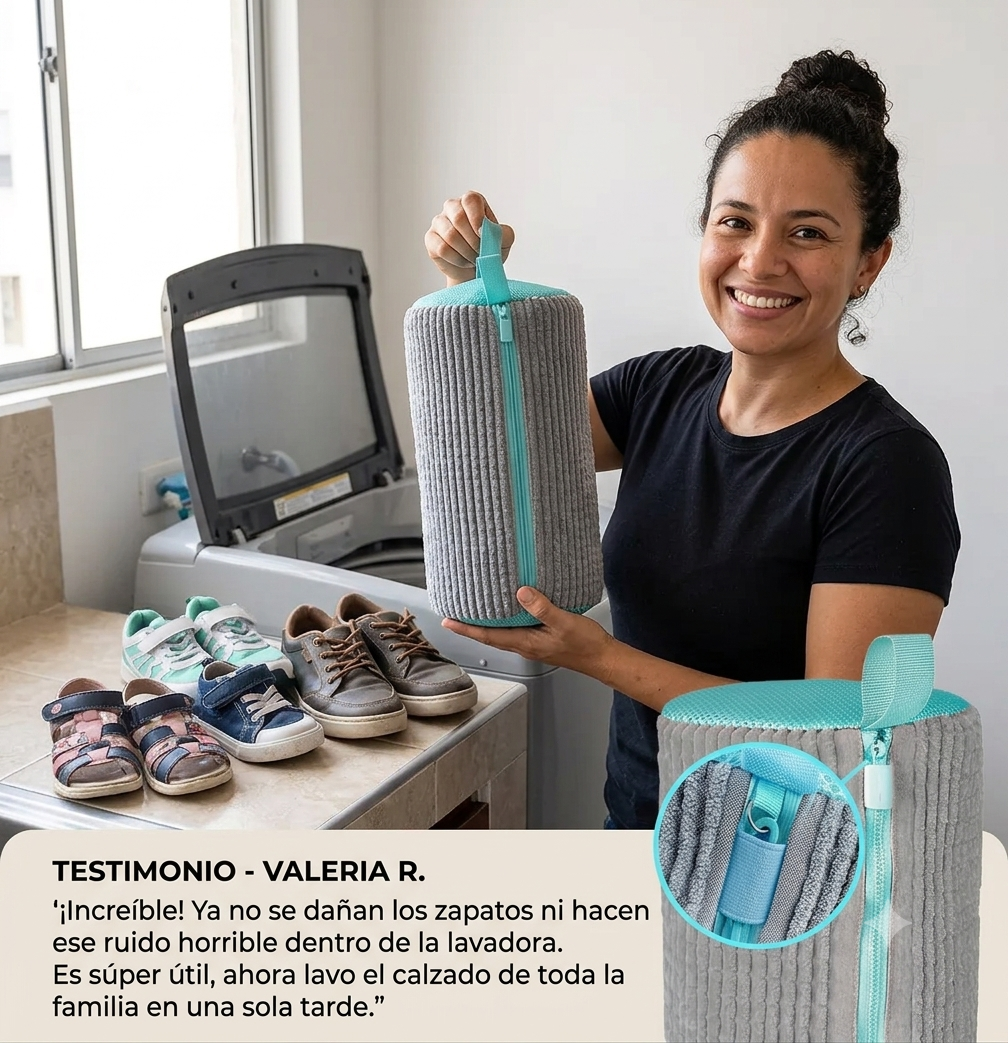 Valeria mostrando la bolsa para lavar zapatos