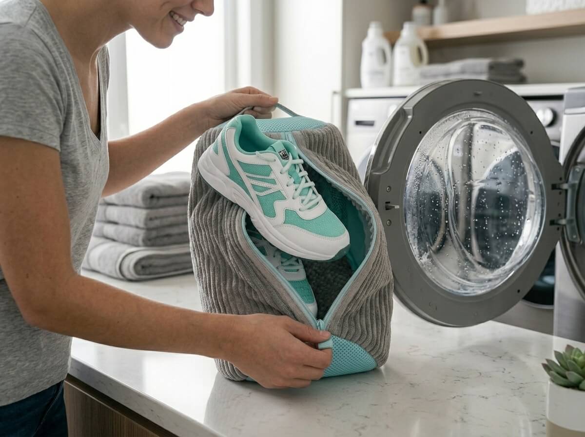 Persona colocando zapatos dentro de la bolsa de lavado