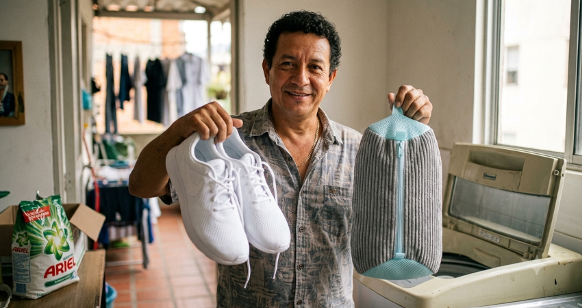 Andrés mostrando la bolsa para lavar zapatos