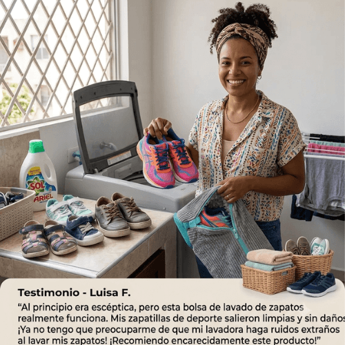 Luisa mostrando la bolsa para lavar zapatos