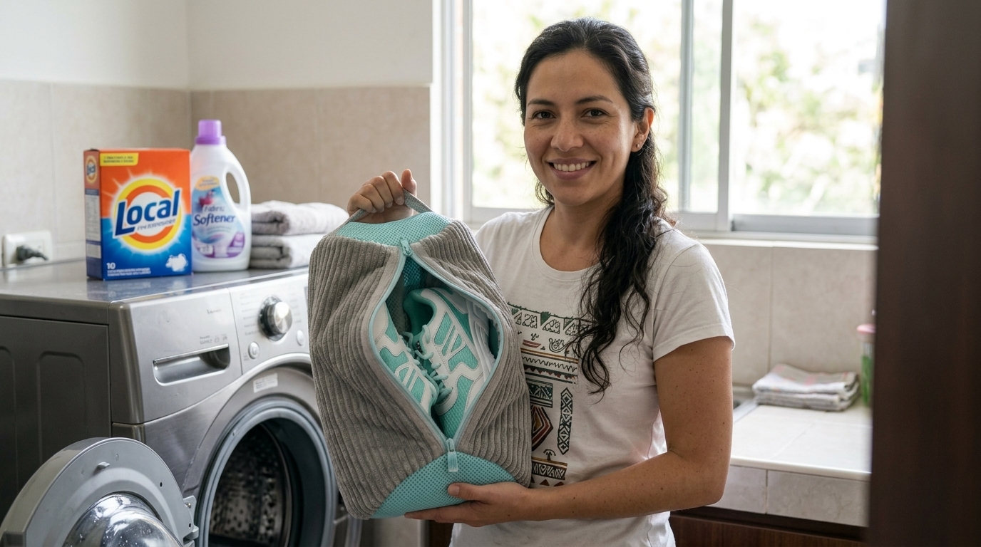 Carolina mostrando la bolsa para lavar zapatos